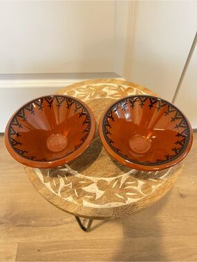 Hand-Painted Moroccan Terracotta Bowls - Set of 2 - Rust Orange with Black Trim